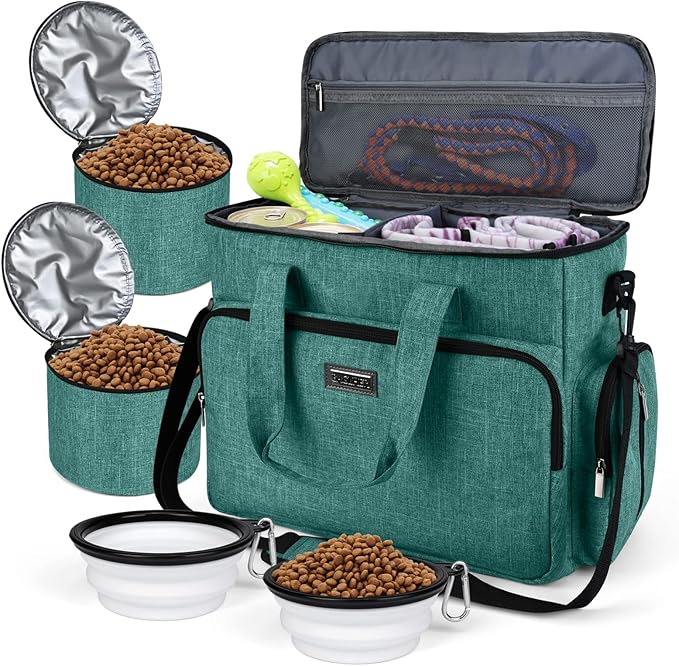 BAGLHER Dog Travel Bag, Airline Approved Pet Tote Organizer with Multi-Function Pockets, 2 X Food Storage Containers and 2 X Collapsible Bowls, Perfect Weekend Pet Travel Set for Dog, Cat Green