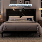 Allewie Full Size Platform Bed Frame with Charging Station & Storage Headboard, Upholstered Velvet Wingback Design & USB Port, Strong Wooden Slats Support, No Box Spring Needed, Easy Assembly, Black