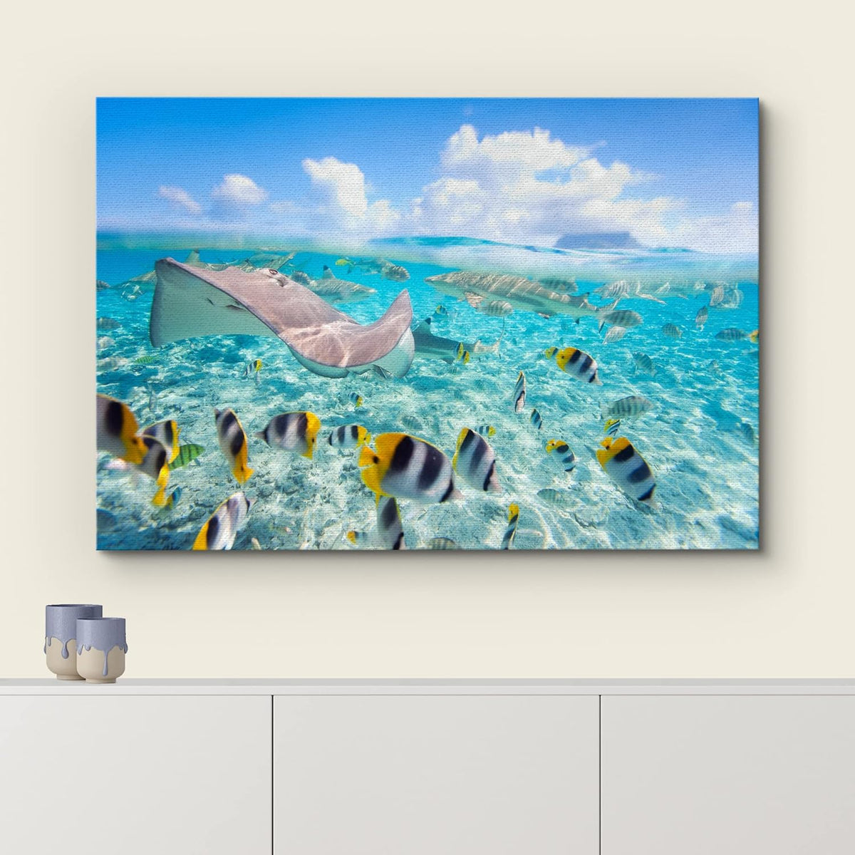 wall26 Canvas Print Wall Art Stingray & Striped Fish Under The Sea Nature Ocean Photography Realism Nautical Scenic Relax/Calm Multicolor Ultra for Living Room, Bedroom, Office - 24"x36"