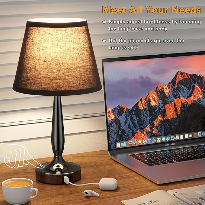 Kakanuo Touch Bedside Lamp for Bedroom with USB C Port, Small Touch Table Lamp with 2 USB Charging Ports, 3 Way Dimmable Nightstand Lamp for Living Room and Office - Black (LED Bulb Included)