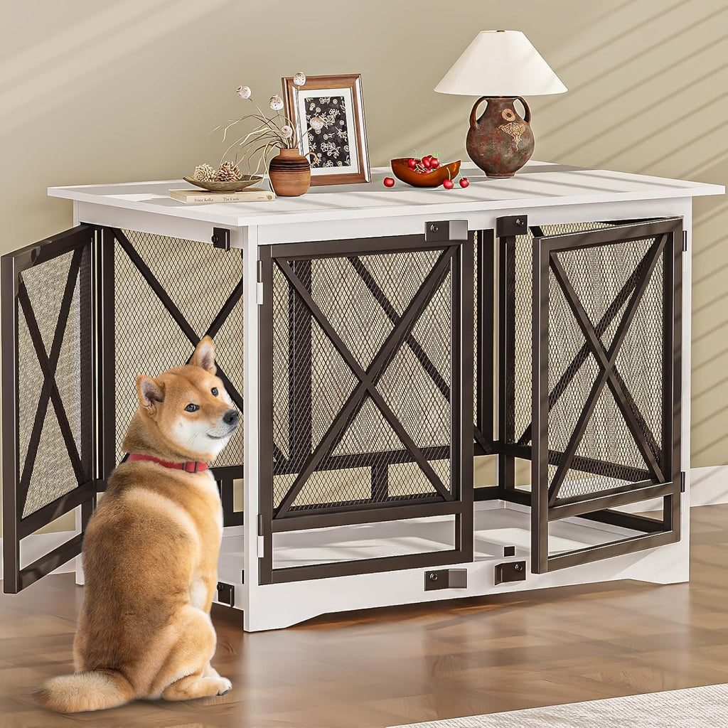 COZPAW Large Dog Crate Furniture - 48 inch Heavy Duty Dog Kennel Indoor for XLarge Breed with Double Doors, Wooden Dog Cage XL Modern Decorative End Table Pet House (White)