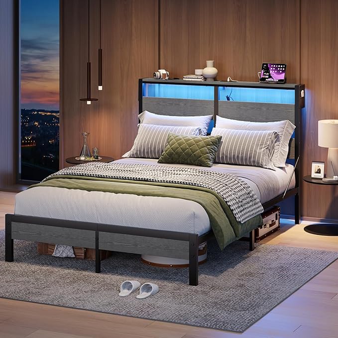 Bestier Queen Bed Frame with Storage Headboard and Charging Station, Grey Platform Bed Frame with LED Light, Non-Slip Metal Bed Frame, Noise-Free, Easy Assembly