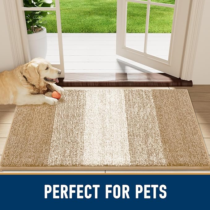 Smiry Dog Door Mat for Muddy Paws, Absorbs Moisture and Dirt, Low-Profile Entryway Mat with Non-Slip Backing, Entry Indoor Outdoor Doormat for Inside Floor (40x32 Inches, Beige, Striped)