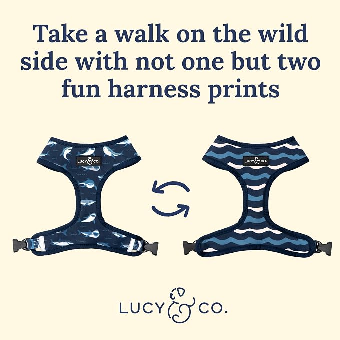 Lucy & Co. Reversible Dog Harness - Water-Repellent Neoprene, Dual-Print Design, Easy Swap Style, Adjustable Comfort Fit - Shark Attack Reversible Harness - X-Small