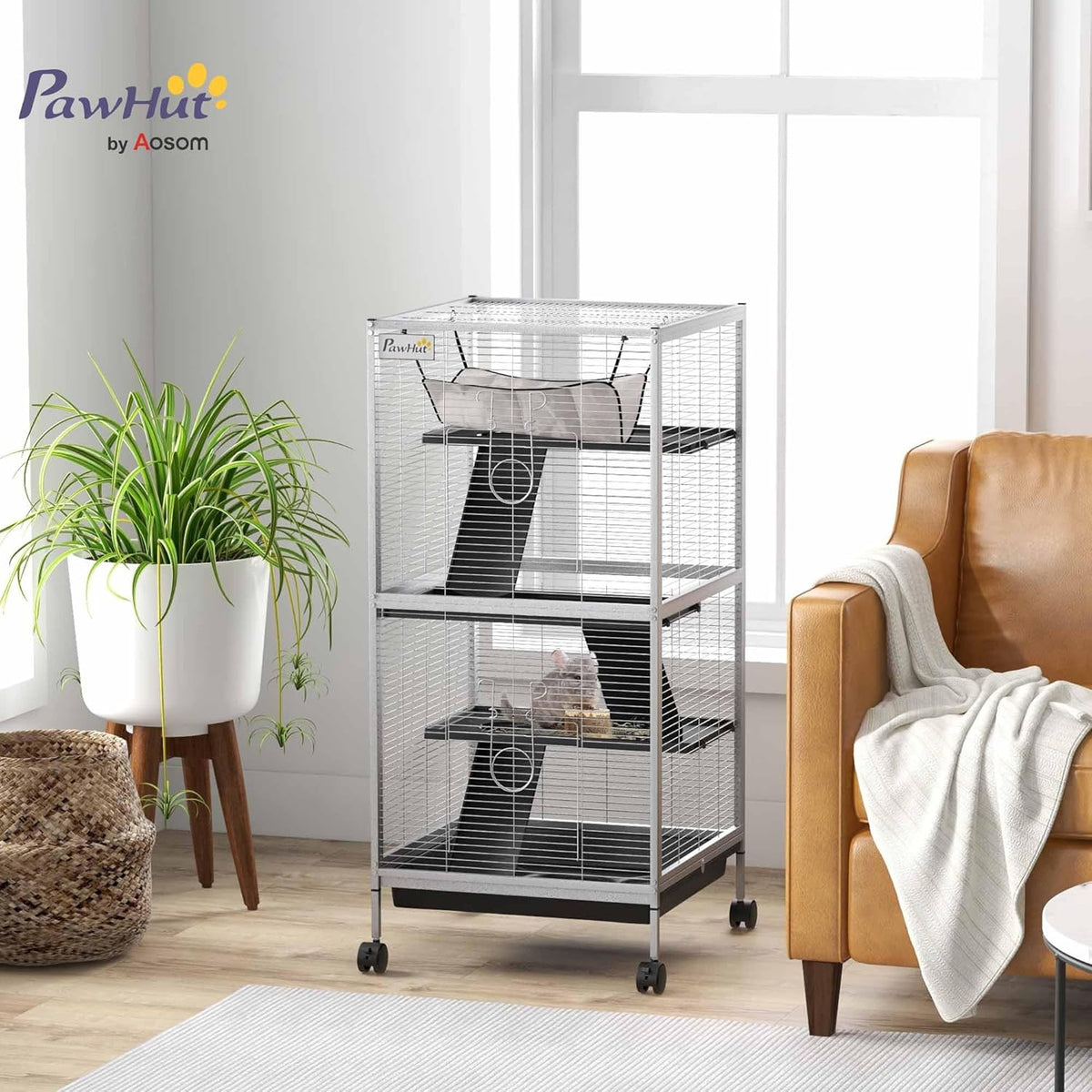PawHut Metal Small Animal Cage, 4-Tiers Rolling Big Ferret Cage with Hammock, Removable Tray, for Chinchilla, Sugar Glider, White