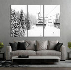Nature Wall Art Prints - Ocean Forest Mountain Lake Canvas Landscapes - Small to Extra Large Living Room Bedroom Kitchen Bathroom Décor (Ski Lift on Snowy Mountain, 31L" x 47W" - 3 Panels)
