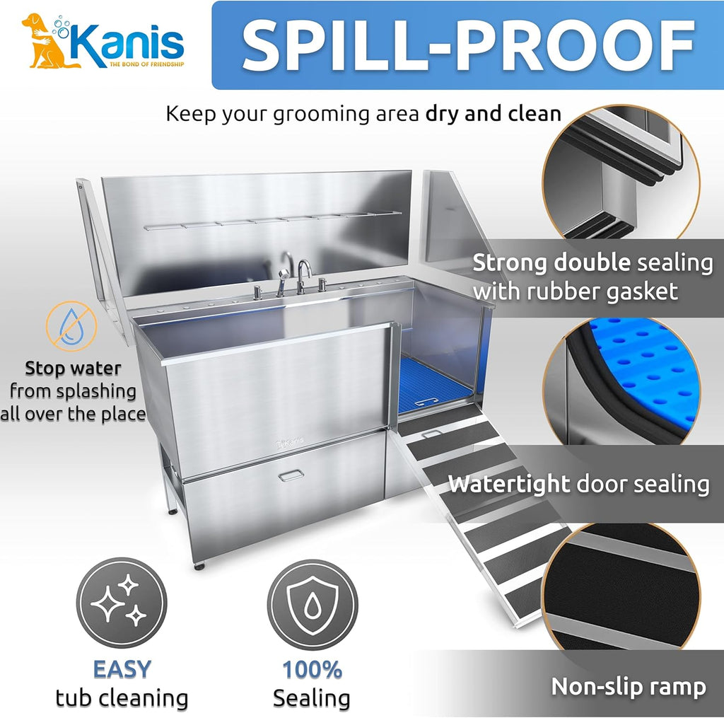 KANIS Professional Dog Washing Station - 304 Stainless Steel Pet Wash Sink & Grooming Bath Tub for Home with Ramp, Shower, Floor Grate, Storage Drawers, and Faucet for Large, Medium & Small Pets