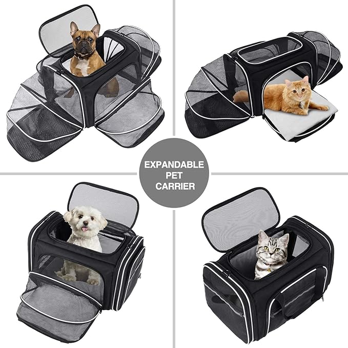 TSA Airline Approved Large Pet Travel Carrier,4 Sides Expandable with 2 Mesh Pockets,3 Entry, Soft Sided Collapsible Dog Carrier for 2 Cats,Kittens,Puppies,Dog, X-Large, Black & White