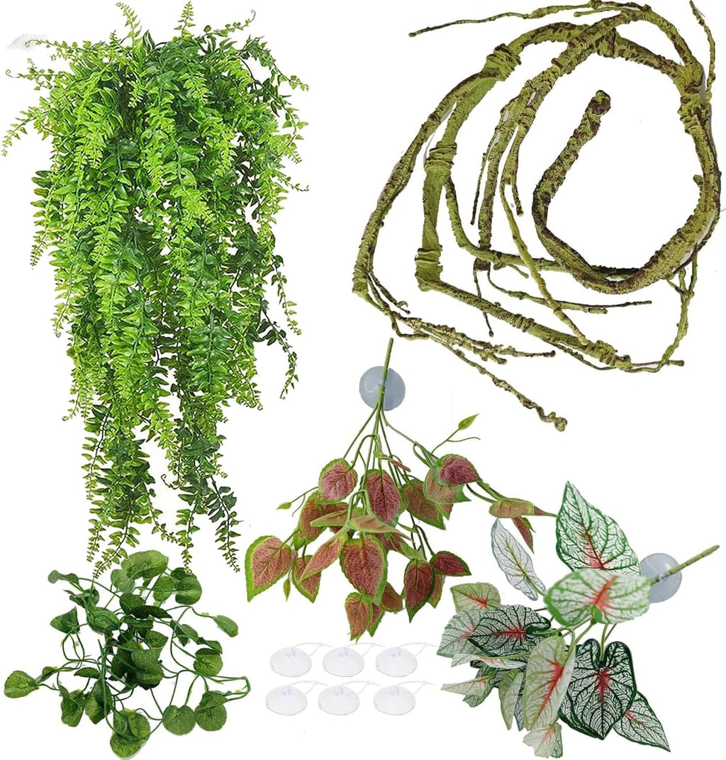 Reptile Plants for Bearded Dragon Tank Accessories, Terrarium Plant Artificial Decor for Snake Cage, Fake Plant for Leopard Gecko Habitat, Lizard Chameleon Ball Pythons (Group BP)