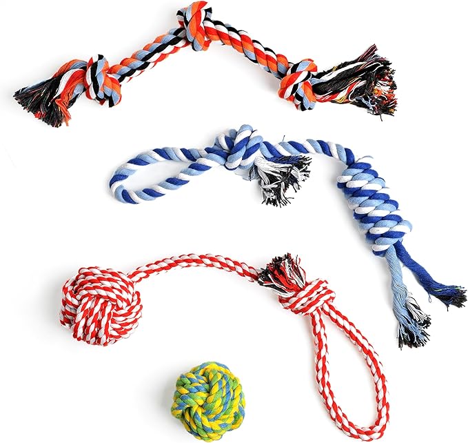 TwoEar Dog Rope Toy 4 Pack - Puppy Teething Toys for Small Breed - Indestructible Dog Chew Toys for Aggressive Chewers - Cotton Tug of War Dog Toys for Boredom, Teeth Clean