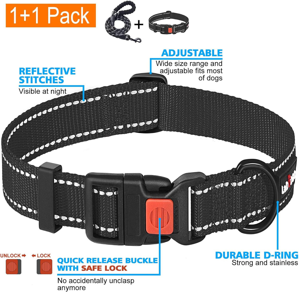 Heavy Duty Dog Leash - Comfortable Padded Handle, 5 ft Long - Dog Leashes for Small Medium Large Dogs (Leash+Collar XS Neck 10.5"-13.5", Black)