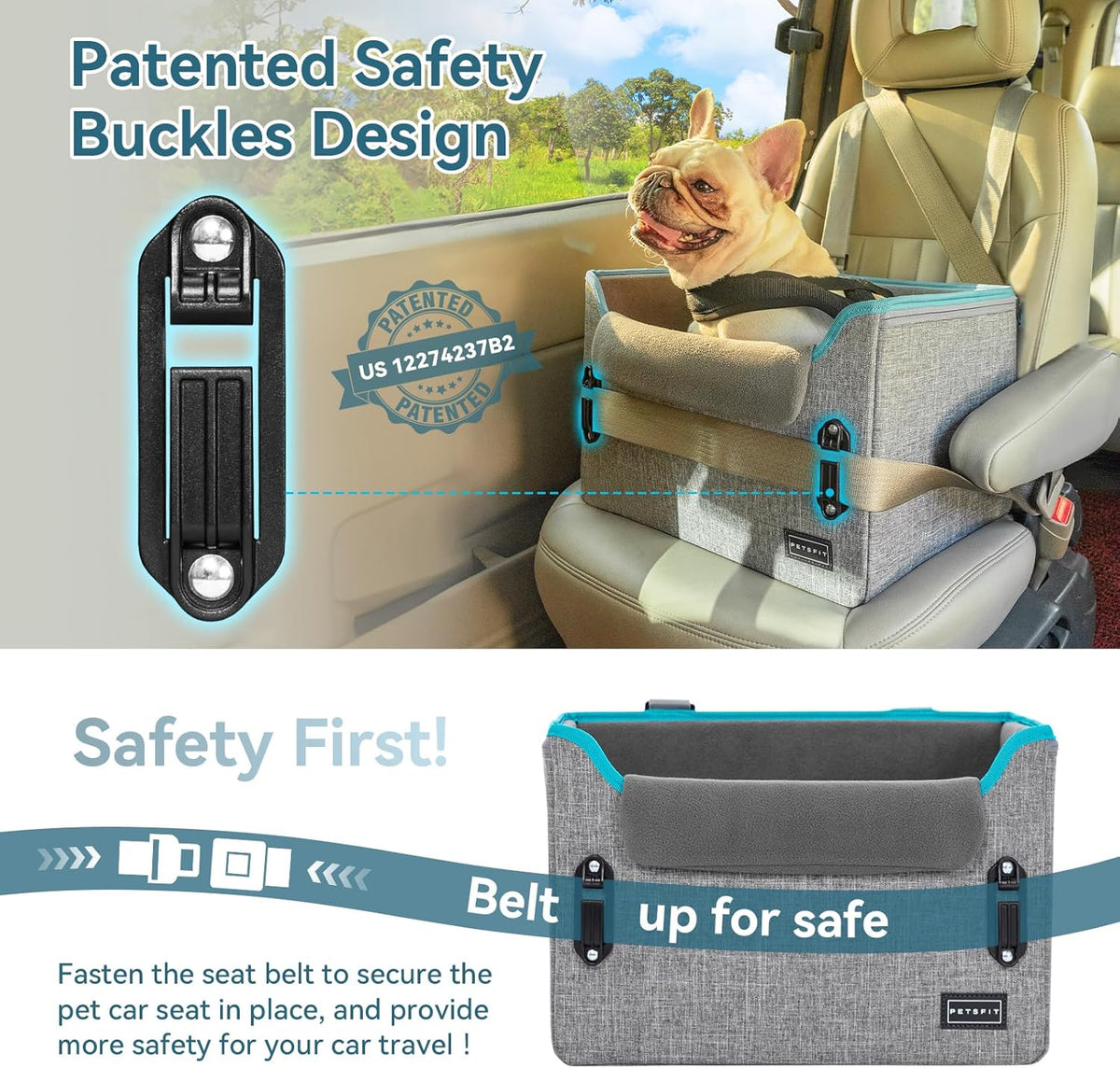 PETSFIT Dog Car Seats for Small Dogs, Patent Safety Buckles Dog Booster Car Seat, Dog Carseat with Safety Belt, Suitable for Small Pets Up to 25lbs (Grey)
