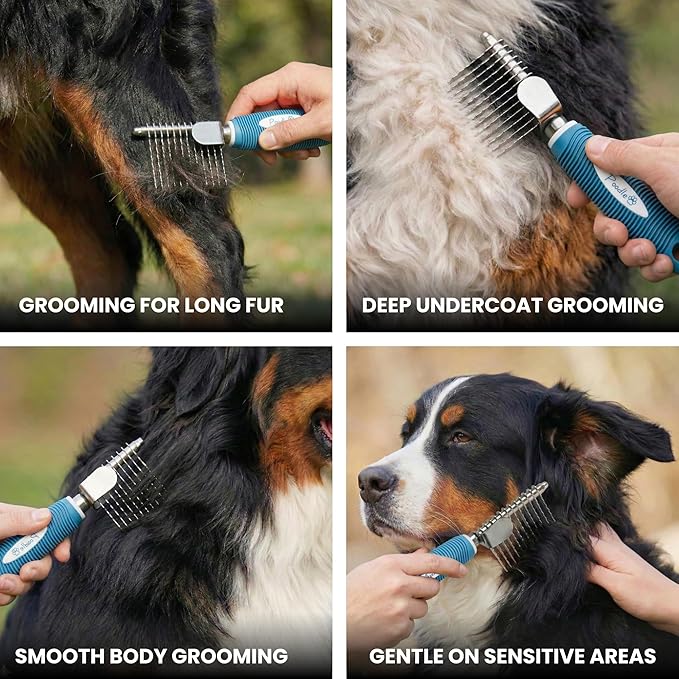 Poodle Dematting Fur Rake Comb Brush for Dogs and Cats - Long 2.5" Steel Safety Blades Metal Comb for Detangling Matted or Knotted Undercoat Hair