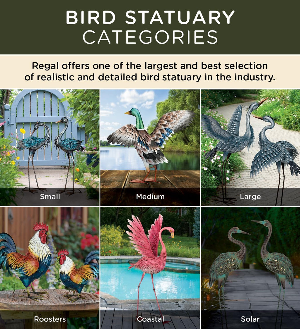 Regal Art & Gift Outdoor Garden Décor, Unique Bird Sculpture, Rustic Metal Bird Statues, Garden Ornaments, Bird Figurine for Lawn, Decorative Sculpture, Crane, Multi, Wings Down, 42" Height