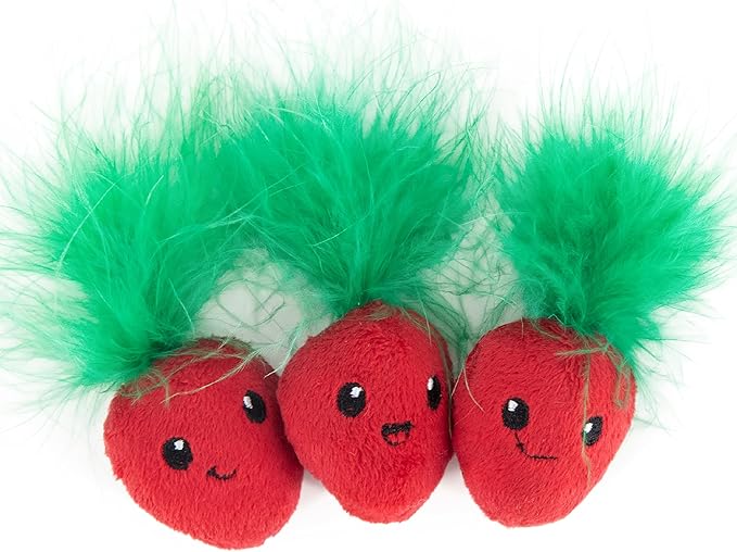 Catstages Strawbabies 3-Pack Catnip Cat Toys for Dental Health, Feather & Crinkle Teething Toys for Kittens and Indoor Cats, Interactive Play, Pink