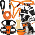 No Pull Dog Harness Adjustable Collar & Leash Set - Dog Halter Harnesses Collapsible Bowls & Poop Bag Dispenser Muzzle ID Tags Toys Fits Small Medium Large Dogs (Orange-M)