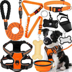 No Pull Dog Harness Adjustable Collar & Leash Set - Dog Halter Harnesses Collapsible Bowls & Poop Bag Dispenser Muzzle ID Tags Toys Fits Small Medium Large Dogs (Orange-M)