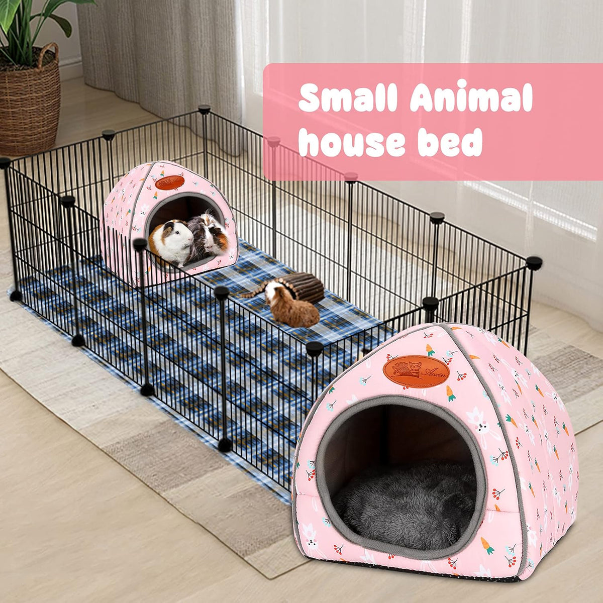 BWOGUE Guinea Pig Bed Large Hide-Out Cozy House Bed for Rabbits Ferret Chinchilla Bearded Dragon Winter Warm Cage Nest Hamster Accessories Cute Bunny and Carrot Pattern
