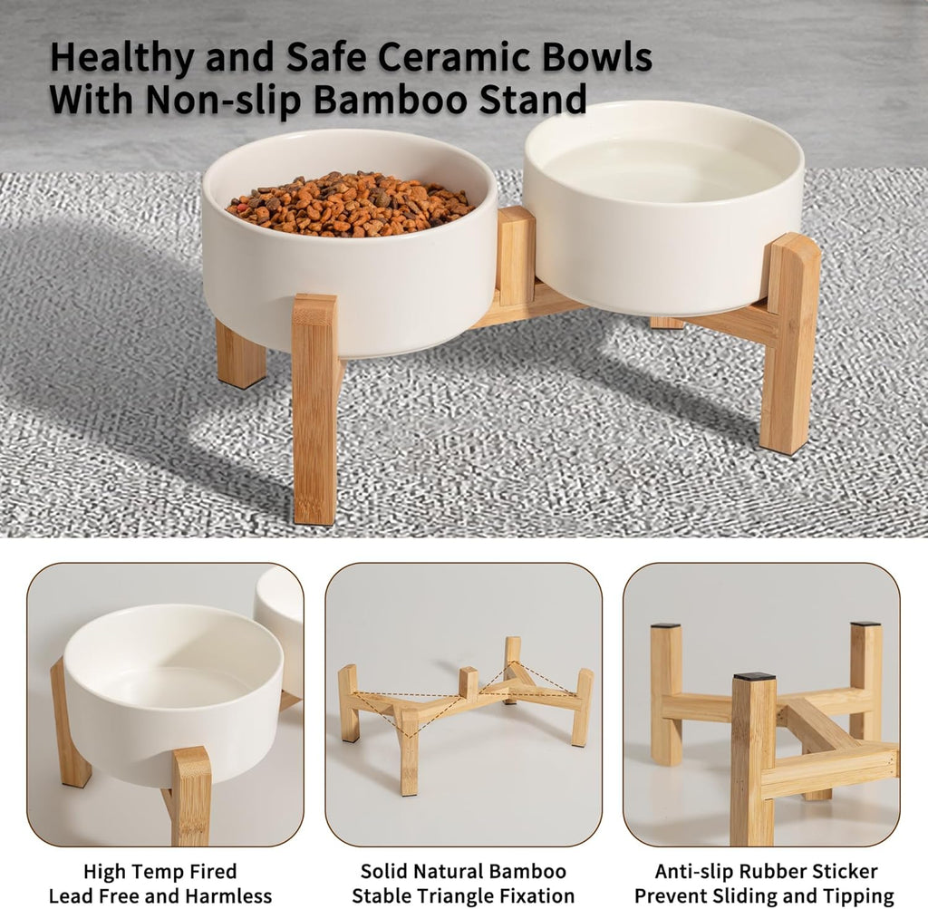 Elevated Ceramic Dog Bowl Set - Raised Feeding Bowls with Non-Slip Bamboo Stand - Small Pet Dishes for Food and Water - Ideal for Cats and Puppies - 16.23 OZ - 2 Cups - 480 ML