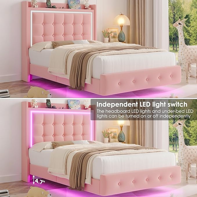 Keyluv Upholstered Twin Floating Bed Frame with RGB LED Lights and Charging Station, Velvet Platform Bed with Button Tufted Storage Headboard, Type-C & USB Charging Ports, No Box Spring Needed, Pink