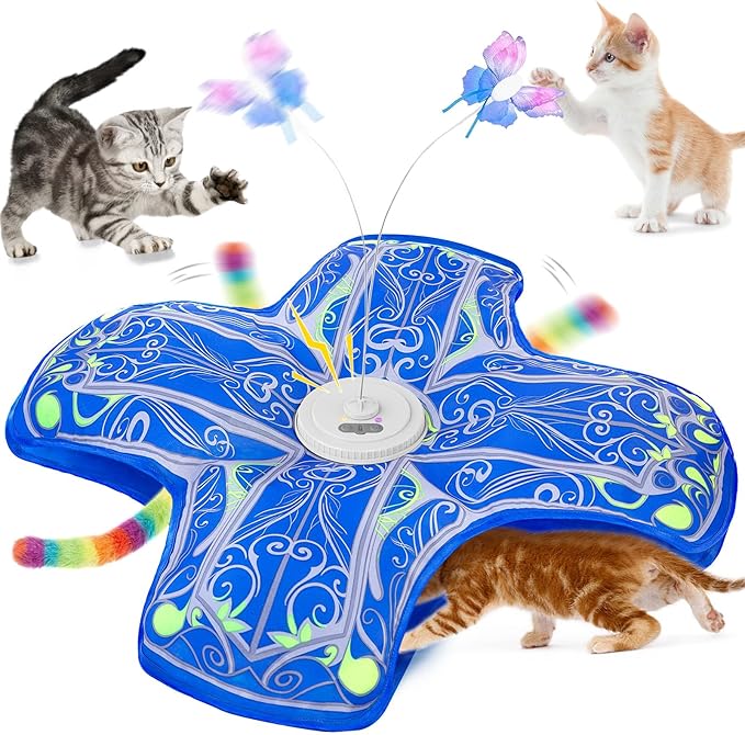 Interactive Cat Toys for Indoor Cats,[Newly Upgraded] Rechargeable Touch Activated Hide and Seek Kitten Toys for Bored Indoor Adult Cats with Fluttering (Blue)