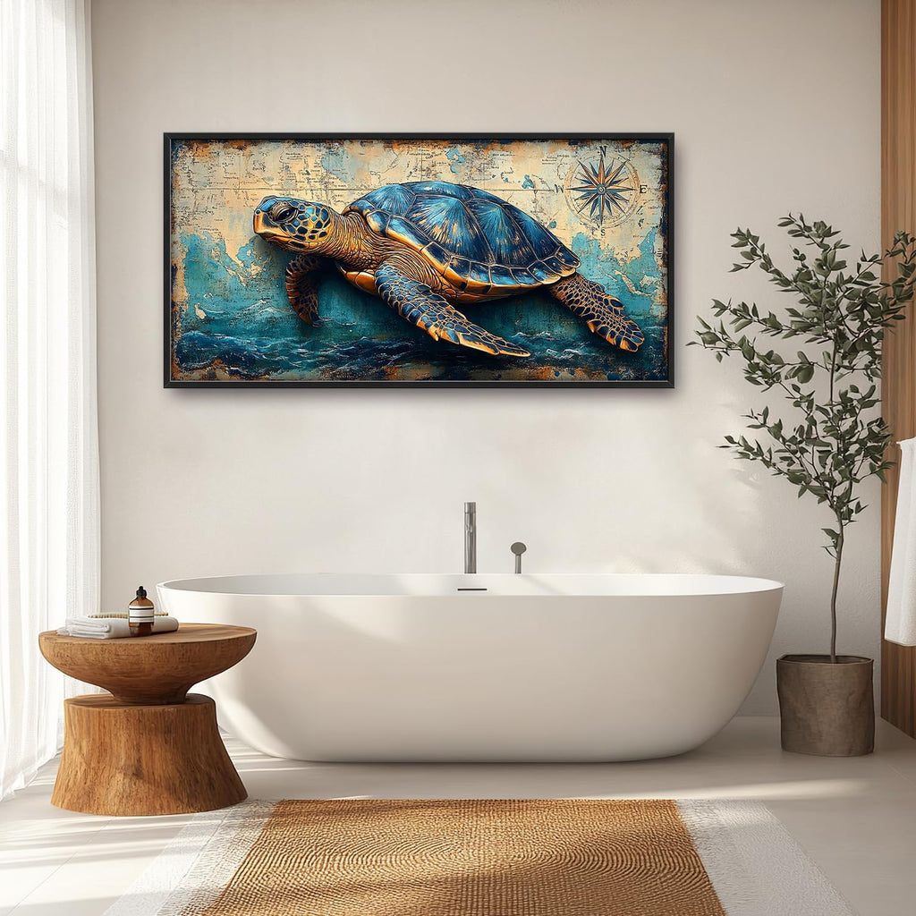 Large Nautical Turtle Wall Art for Living Room, Coastal Ocean Canvas Oversized Wall Decor, Beach Aesthetics Framed Pictures Painting Print Artwork for Bedroom Office 60L" x 30W"