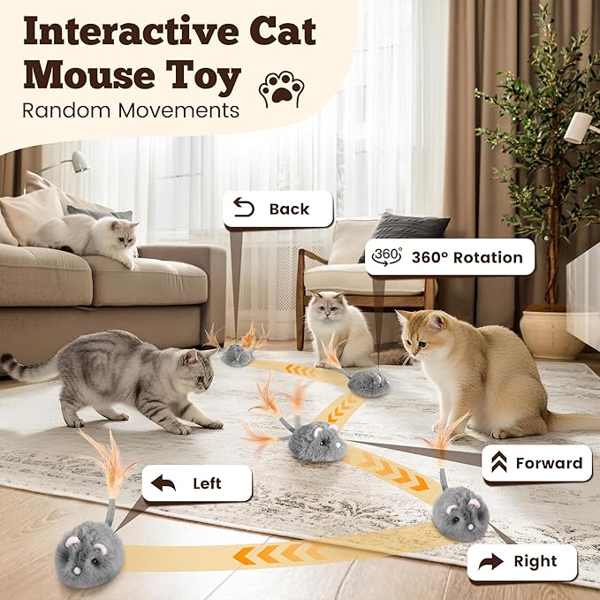 Moving Cat Toy Squeaky Cat Mouse Toy Automatic Interactive Cat Toys for Indoor Cats Mouse Toys for Cats with Wagging Tail