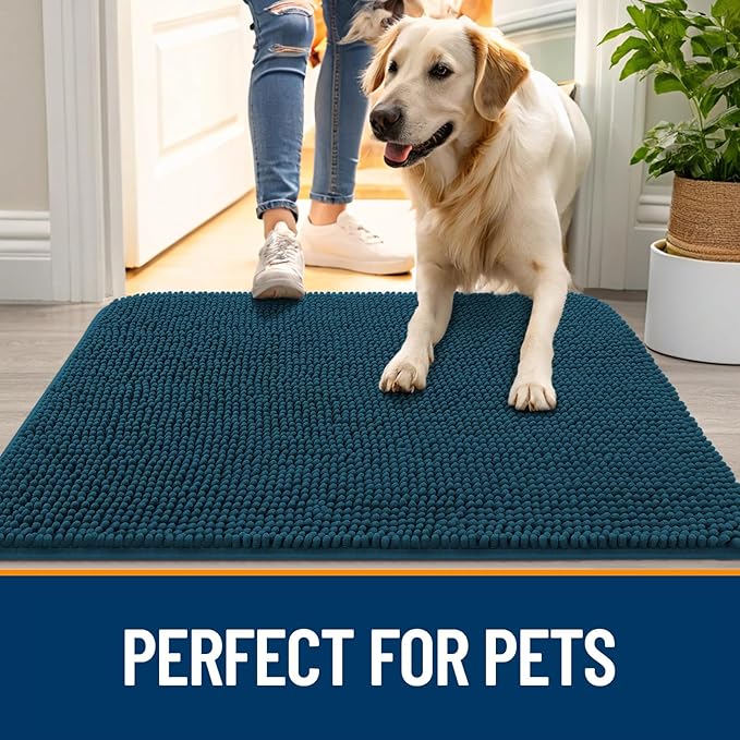 OLANLY Dog Door Mat Set 2-Piece 30x20, Absorbs Moisture and Dirt, Absorbent Non-Slip Washable Doormat, Quick Dry Chenille Mud Mat for Dogs, Entry Indoor Entryway Carpet for Inside Floor, Atlantic Blue