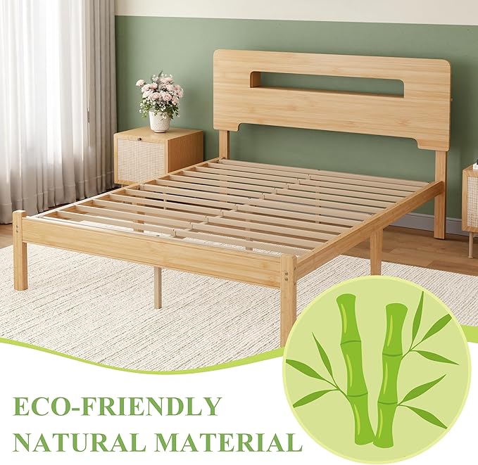 ZIYOO Solid Bamboo Wood Full Size Bed Frame with Storage Headboard, 14 inch Platform Bed Frame Full No Box Spring Needed with Steel Slats, Sturdy and Stable, Easy Assembly, Noise Free