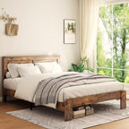 King Size Bed Frame, Rustic Vintage Platform Bed Frame with Wood Headboard and Footboard, 12 Wood Slats Support, No Box Spring Needed (Dark Brown, King)