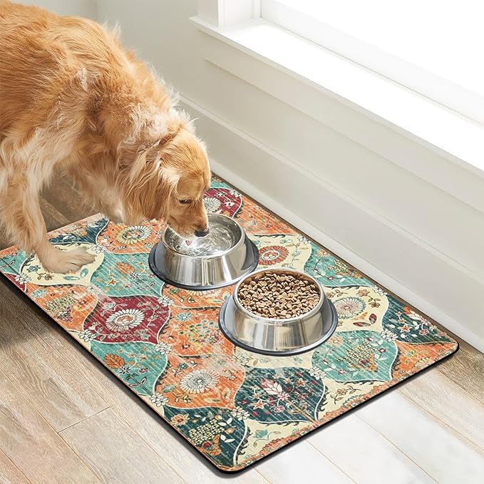 Dog Food Mats for Floors Absorbent, Cat Food Mat - Pet Cat Feeding Mat Quick Dry, Dog Bowl Mats for Water, Pet Supplies Feeding Placemat 16" x 24" Orange Boho
