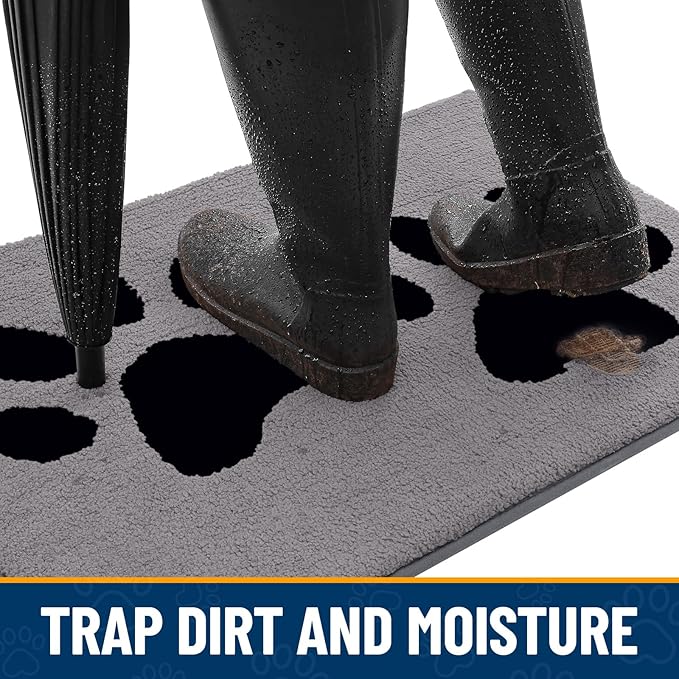 Smiry Dog Door Mat for Muddy Paws, Absorbs Moisture and Dirt, Low-Profile Entryway Mat with Non-Slip Backing, Entry Indoor Outdoor Doormat for Inside Floor (48x30 Inches, Grey, Paw)