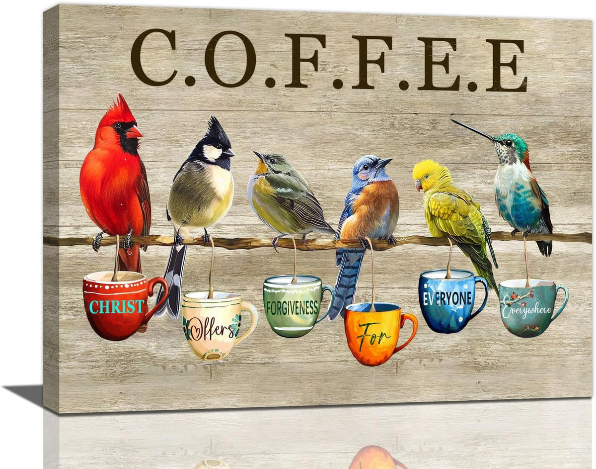 Rustic Bird Coffee Wall Art Kitchen Christ Coffee Pictures Wall Decor Farmhouse Cardinal Hummingbird Canvas Print Painting Artwork for Coffee Bar Living Room Bedroom 12"x16"