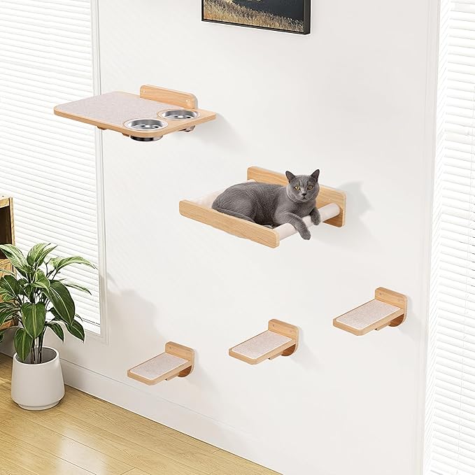 Space-Saving Cat Wall Shelves – Interactive Cat Wall Climber with Hammock & Dog Proof Feeding Station for Small & Medium Indoor Breeds – Solid Natural Wood with Beige Carpet
