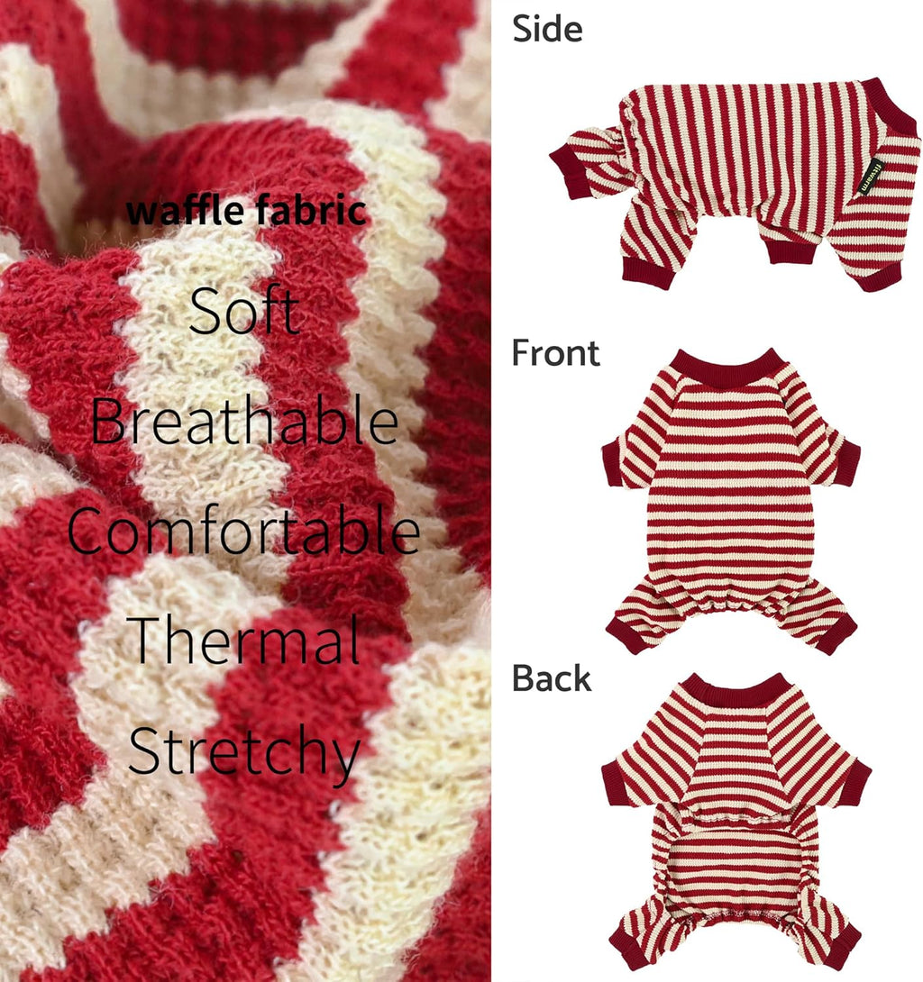 Fitwarm Red and White Striped Dog Pajamas, Waffle Dog Clothes for Small Dogs Girl Boy, Puppy Onesie with Feet, Pet Christmas Outfit, XL