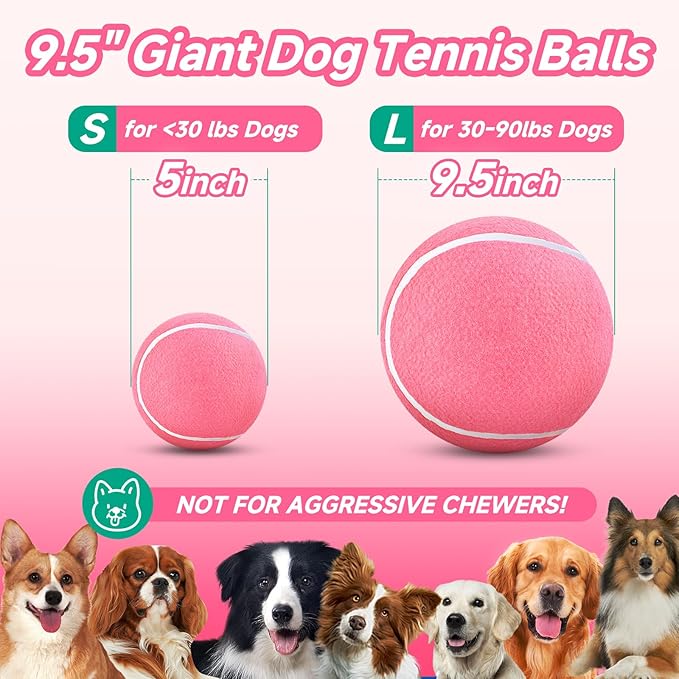 HETOO Large Dog Tennis Balls: 9.5 inch Pink Dog Toys- Giant Big Outdoor Dog Toys Balls- Dog Tennis Ball Toys for Small Medium Large Dogs- Pet Toys Birthday Gift