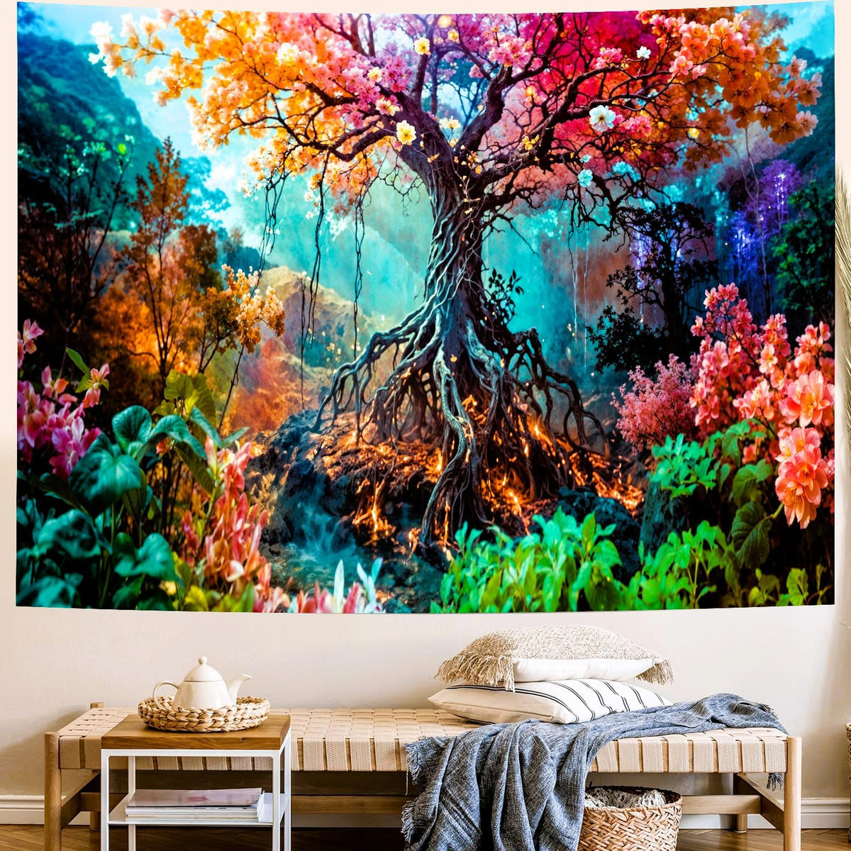 Delur Forest Tapestry Tree of Life Fantasy Tropical Rainforest Tapestry Wall Hanging Colorful Nature Mystical Landscape Psychedelic Spiritual Headboard for Bedroom Living Room Home Decor (51.2" x 59.1")