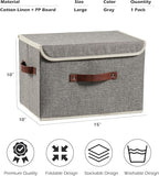 Storage Boxes with Lid Cotton Linen Fabric Storage Bins Organizer Container Decorative Collapsible Washable Shelf Baskets Faux Leather Handles for Home Bedroom Closet (Gray, Large Size)