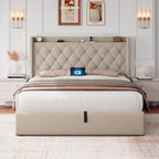 iPormis Full Size Lift Up Storage Bed Frame with Charging Station, Upholstered Platform Bed Frame with Tufted Headboard, Hydraulic Storage, No Box Spring Needed, Noise-Free, Easy Assembly, Beige