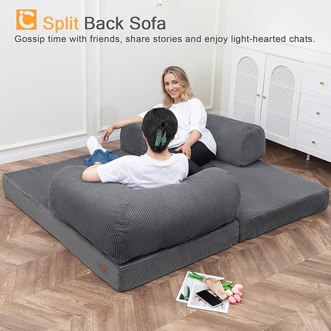 COMAX Futon Sofa Bed, 4-in-1 Floor Foldable Sofa Couch Queen with L-Shaped Armrests, Convertible Folding Chair Bed Sleeper Mattress Fold Out Comfy Lounge for Living Room Bedroom, Grey