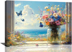Beach Floral Bathroom Pictures Wall Art, Colorful Flower Bathroom Wall Decor, Coastal Ocean Framed Painting Canvas Artwork for Bedroom Living Room Decorations 24"L x 16"W