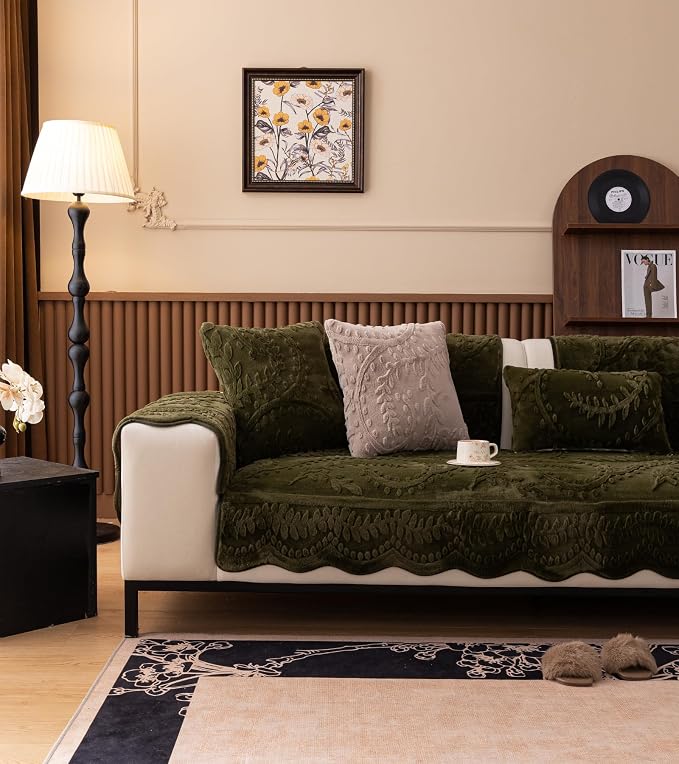 Green Fuzzy Rabbit Plush Sofa Cover Cozy Warm Sofa Couch Covers with 3D Jacquard Leaf Pattern Non-Slip Easy-to-Install Shaggy Sofa Slipcover Prefect for Kids Dogs Cats Cats(Green,36"x36")