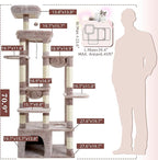 Heybly Cat Tree, 71-Inch Tall Cat Tower for Large Maine Coon Cats with Extra-Large Baseboard, Cat Condo Furniture with Multi-Level Platforms, 2 Hammocks and 12 Scratching Posts, Muchroom HCT037MU