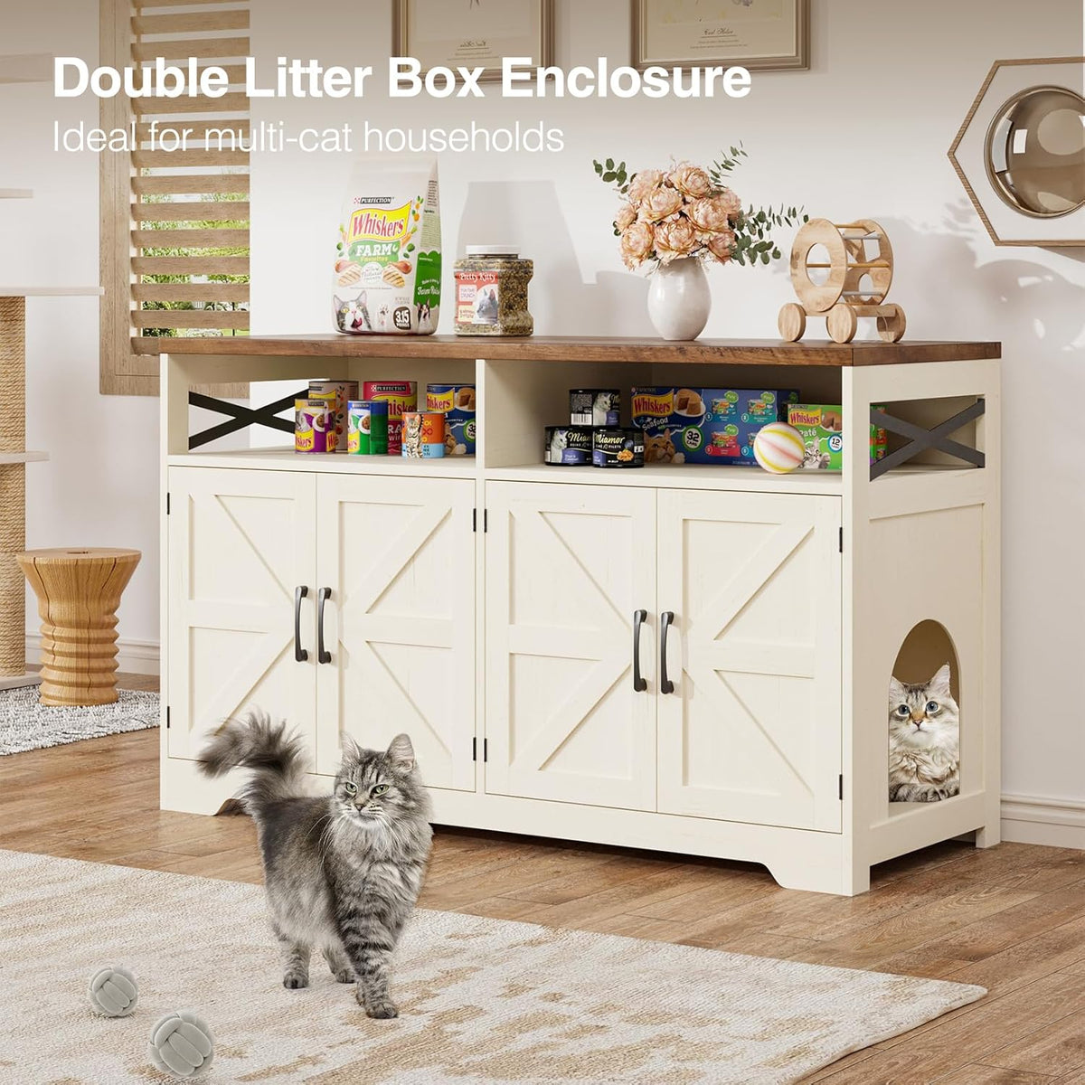 Cat Litter Box Enclosure for 2 Cats, 47" Hidden Litter Box Furniture Cat Washroom with Double Large Room, Farmhouse Indoor Litter Box Cabinet TV Stand, White