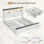 EnHomee Full Size Bed Frame with Headboard, Full Bed Frame with 4 Drawers Charging Port & LED, Farmhouse Bed Full Built in Charging Station,No Box Spring Needed,NO Noise,White with Grain Marks