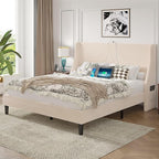 VECELO Queen Bed Frame with Upholstered Wingback Headboard, Heavy-Duty Platform Bedframe with Charging Station, Wooden Slats, No Box Spring Needed, Beige