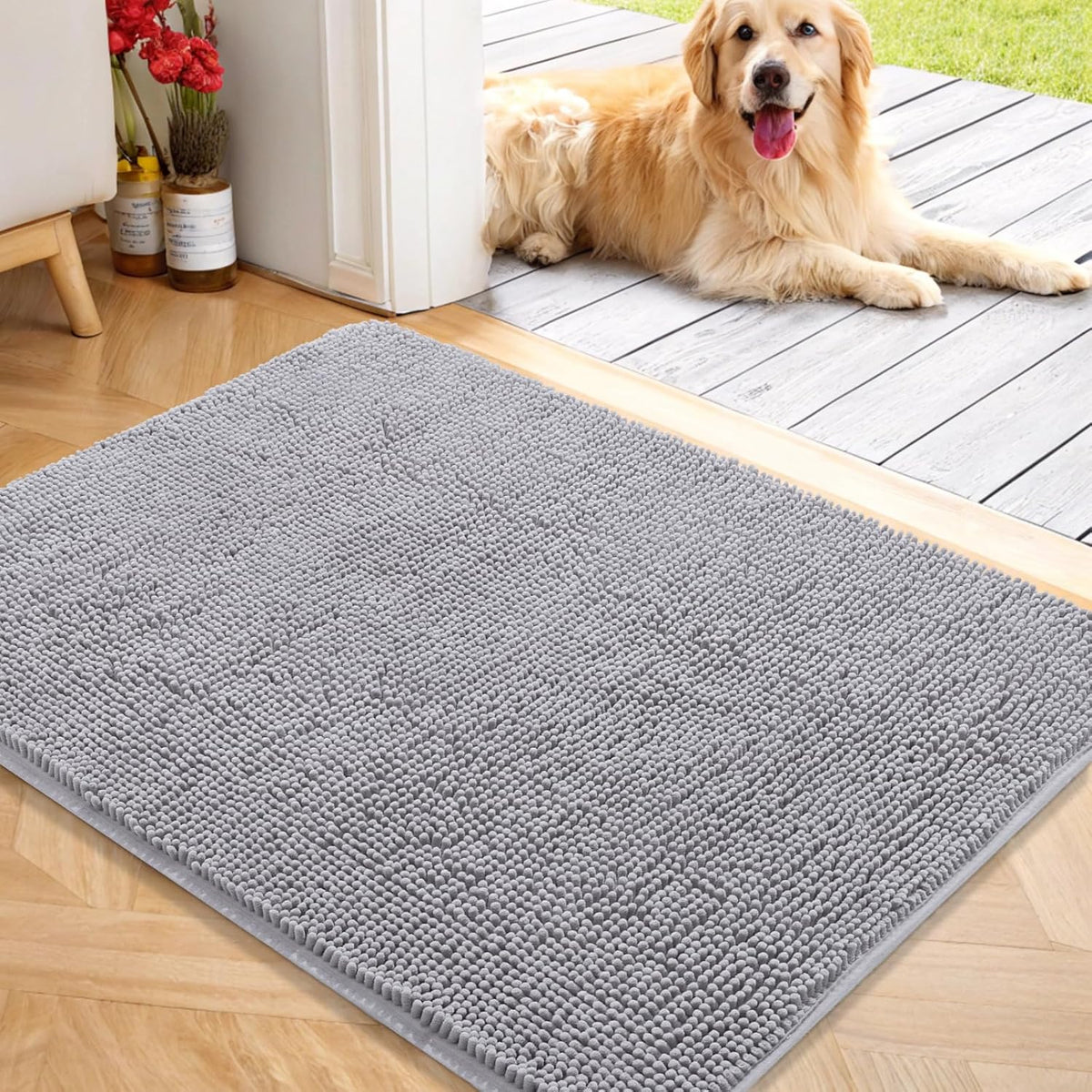OLANLY Dog Door Mat for Muddy Paws 40x32, Absorbs Moisture and Dirt, Absorbent Non-Slip Washable Doormat, Quick Dry Chenille Mud Mat for Dogs, Entry Indoor Entryway Carpet for Inside Floor, Light Grey