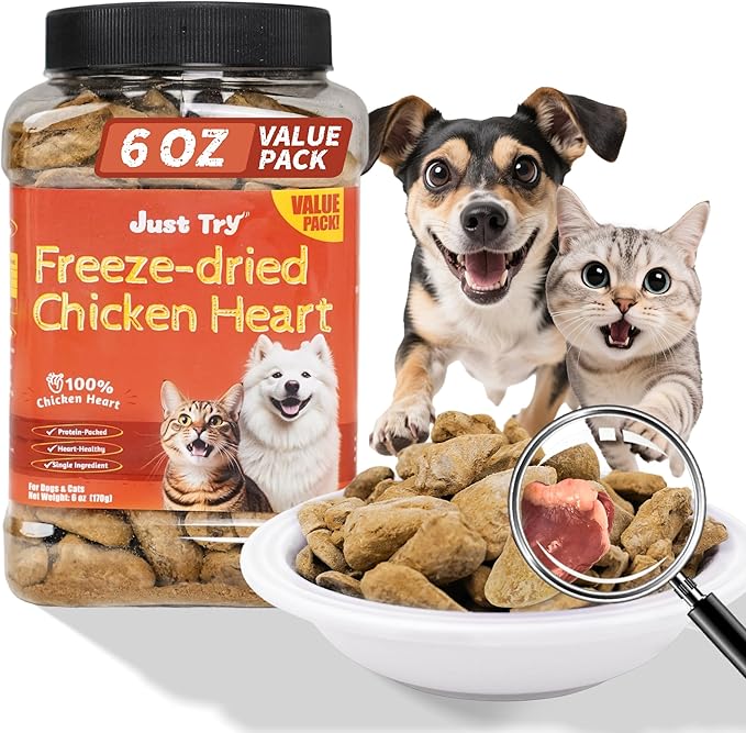 Just Try 6 oz Freeze-Dried Chicken Heart Dog & Cat Treats - Single Ingredient, Grain-Free, High Protein Training Treats Snacks