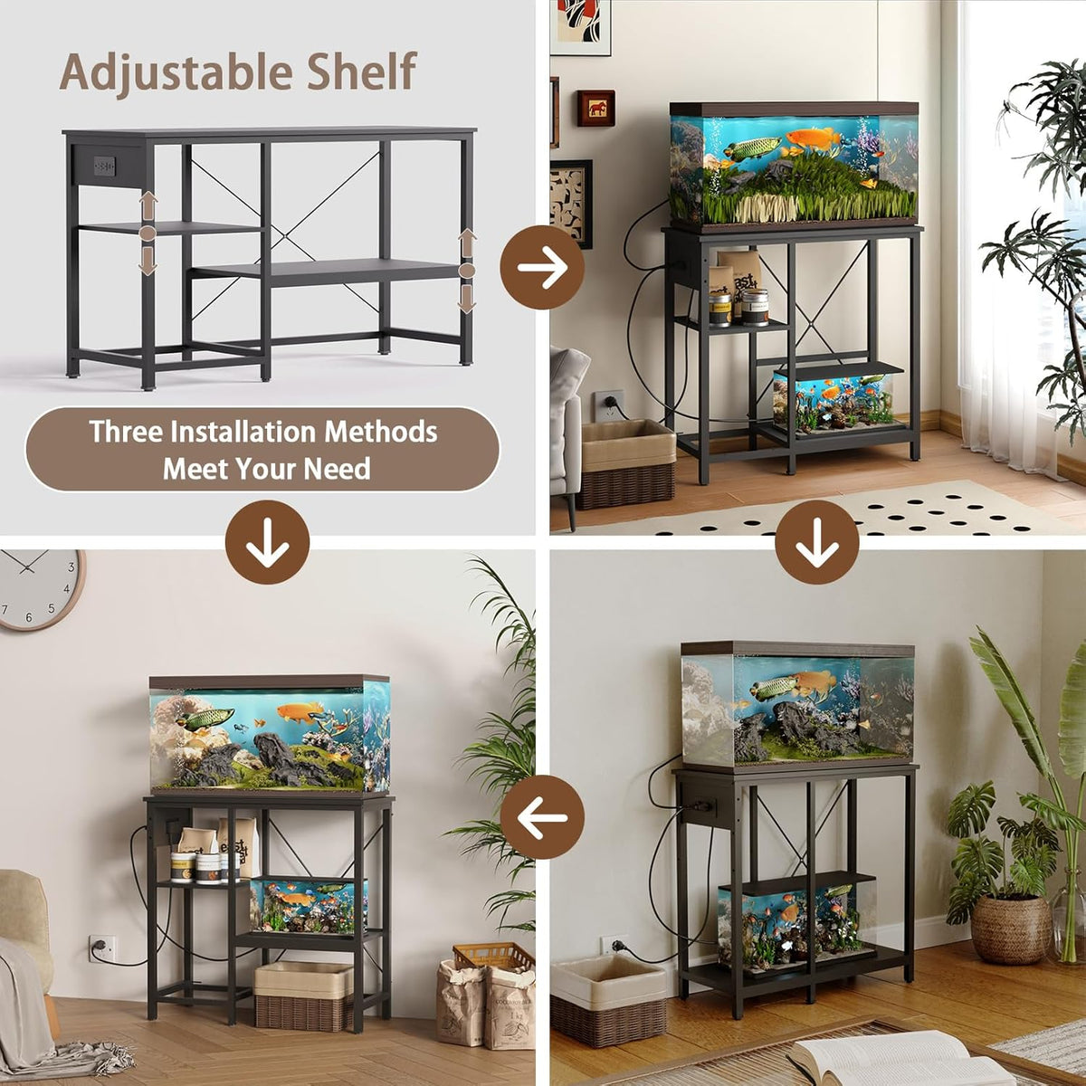 20-29 Gallon Fish Tank Stand with Power Outlet & LED Light, Metal Aquarium Stand with 3 Tier Adjustable Storage Shelves, Tank Stand for Reptile Tank, Turtle Tank, 30.7" L*13.8" W, Black