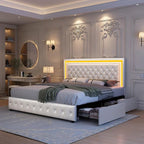 Queen Led Bed Frame with 4 Storage Drawers, Bed Frame with Led Lights No Box Spring Needed, 900 lbs Capacity, Easy Assembly, PU White